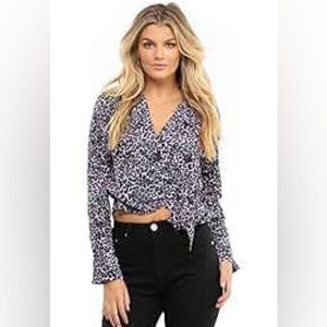 NWOT SIZE S Blue Life Black and Gray Fitted Tie Front Blouse